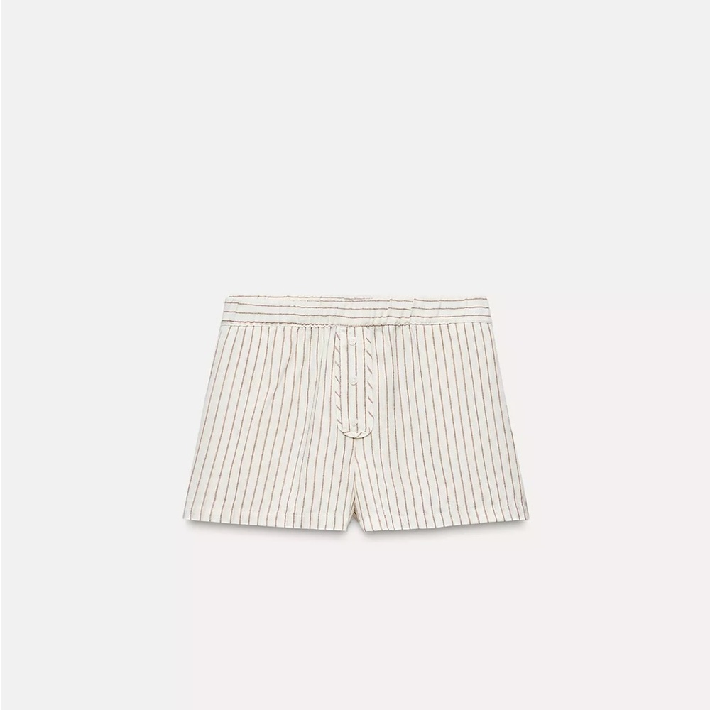 Zara White Linen Cotton Shorts with Brown Stripe